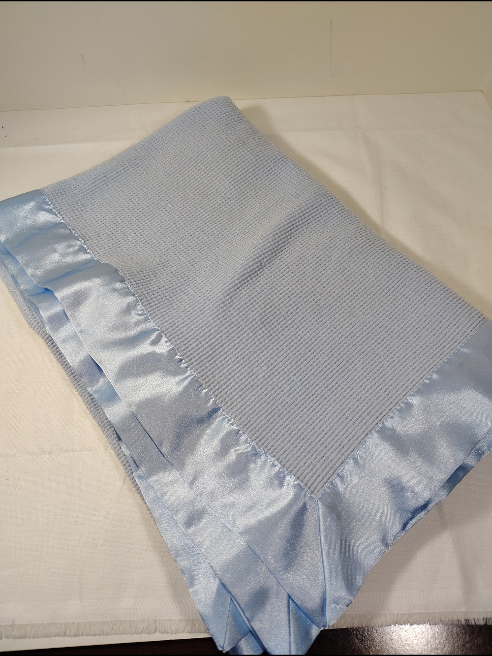 Baby Morgan Blue Satin Trim Waffle Weave Blanket Vintage
